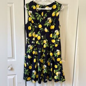 Chetta B Navy Sleeveless Lemon Print Fit & Flare Dress Preppy Size 12